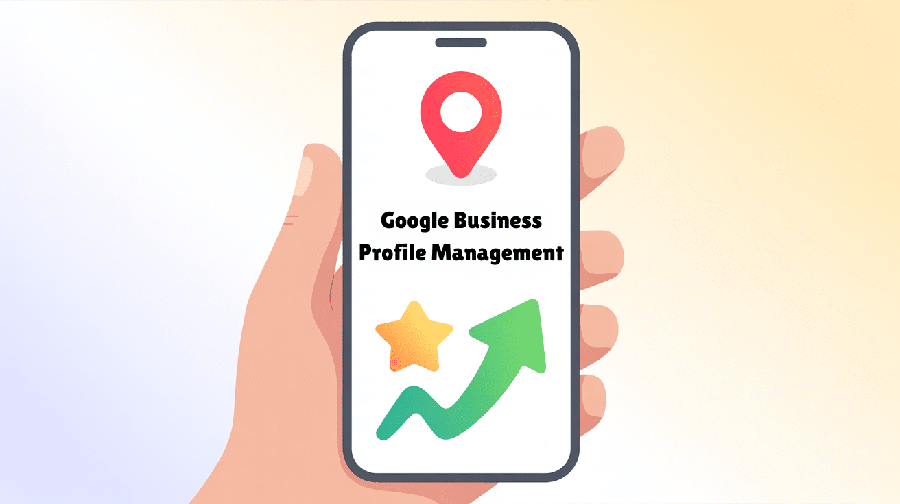 A hand holds a smartphone displaying a red location pin, a yellow star, a green upward arrow, and the text Google Business Profile Management, highlighting the features of effective business profile management on Google.