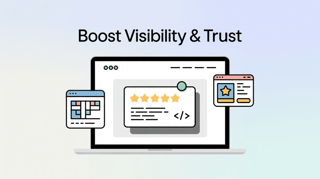 Illustration of a laptop displaying a webpage with five stars and code, surrounded by windows with a grid layout and a star badge. Text above reads Boost Visibility & Trust—perfect for showcasing Google Business Profile Management.
