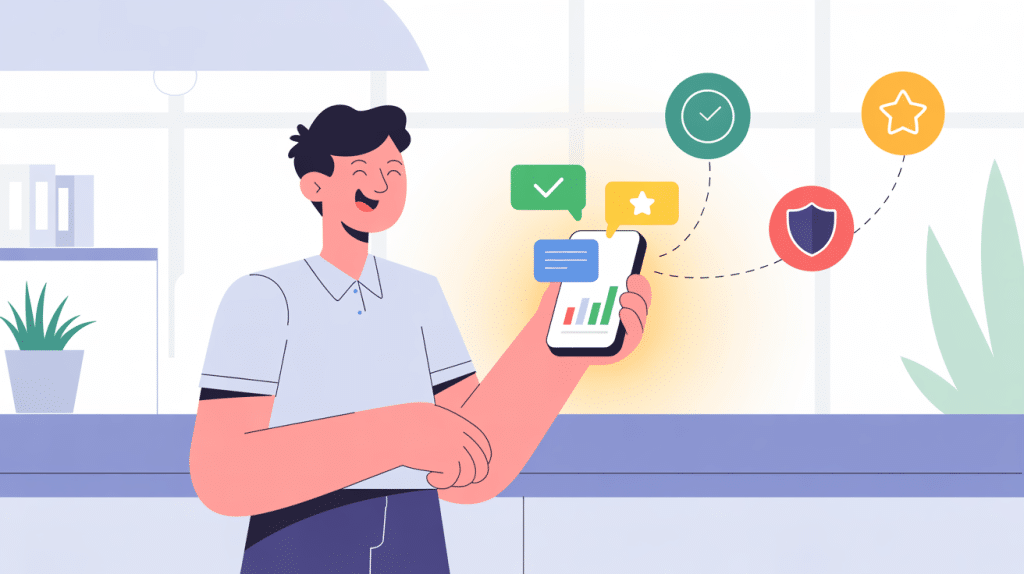 A smiling person holds a smartphone displaying charts. Colorful icons with checkmarks, a shield, and a star appear above the phone, suggesting success, security, and achievement—highlighting the benefits of AI Review Generation Tools in a bright indoor setting.