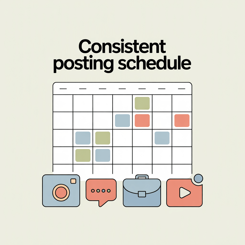 Illustration of a calendar with colored blocks, representing a consistent posting schedule for effective reputation management. Below the calendar are icons for a camera, chat, briefcase, and video, symbolizing diverse content types.