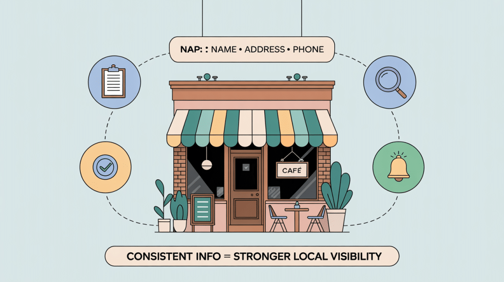 Illustration of a café with icons of a clipboard, magnifying glass, checkmark, and bell around it. Text reads “NAP: Name • Address • Phone.” Showcases how Google Business Profile Management helps ensure consistent info for stronger local visibility.