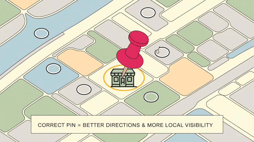 An illustrated map highlights a storefront with a large red location pin, surrounded by streets and buildings. A caption reads: CORRECT PIN = BETTER DIRECTIONS & MORE LOCAL VISIBILITY with expert Google Business Profile Management.