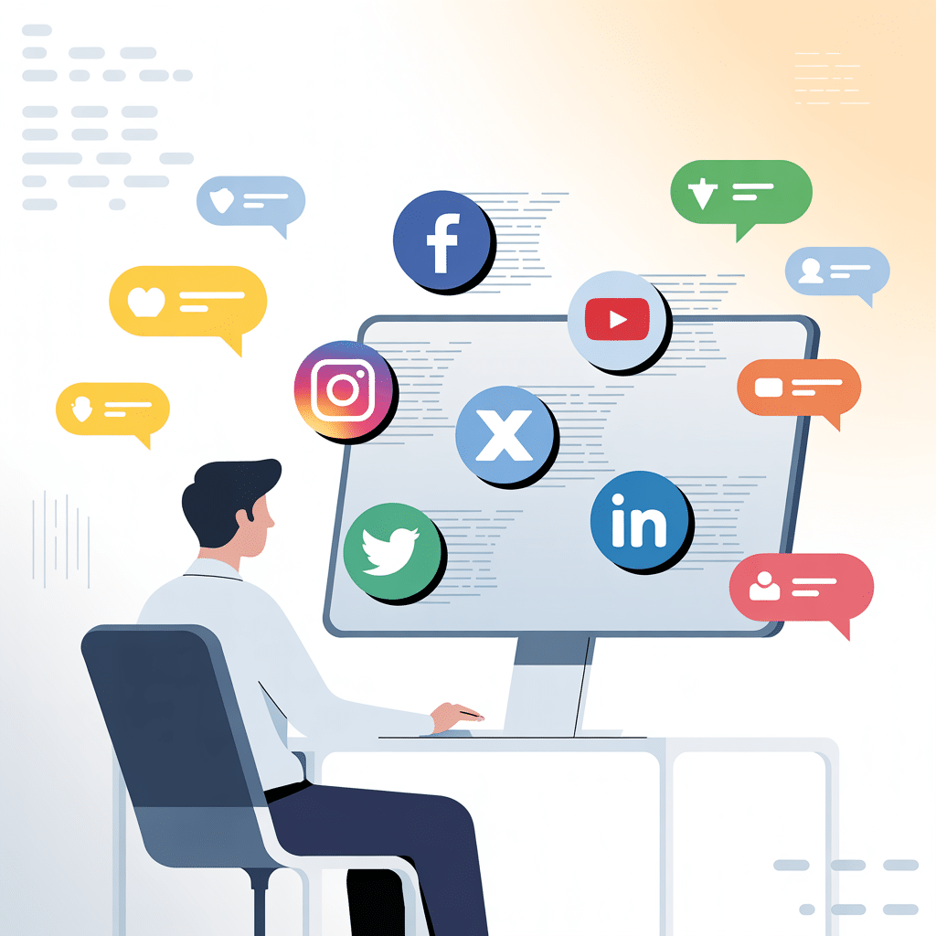 A person sits at a desk using a computer, surrounded by icons and chat bubbles from Facebook, Twitter, Instagram, LinkedIn, and YouTube—highlighting the importance of Reputation Management across popular social media platforms.