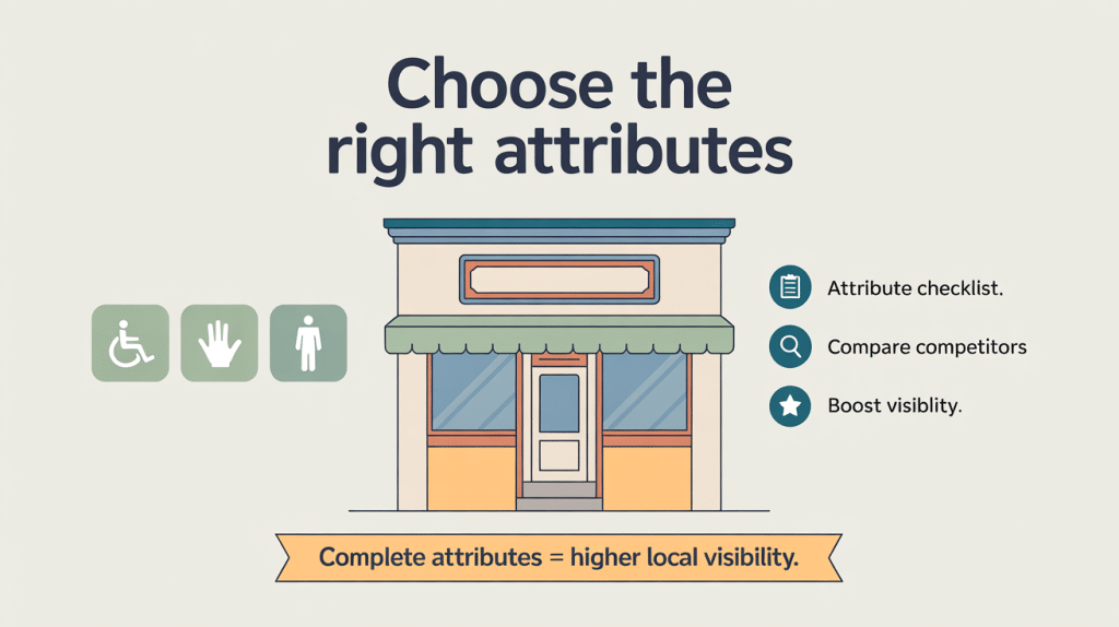 Illustration of a storefront with icons for accessibility, pet-friendliness, and gender neutrality. Highlights benefits of Google Business Profile Management: checklist, competitor comparison, and boosted visibility through the right business attributes.