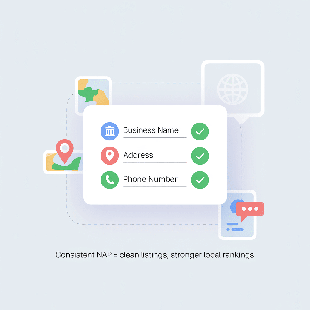 A graphic showing icons for a business name, address, and phone number—with green checkmarks—surrounded by map and location icons. Text below reads: Consistent NAP = clean listings, stronger local rankings, better Reputation Management.