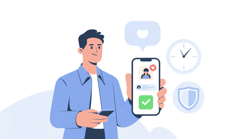 Illustration of a man holding a smartphone displaying AI Review Generation Tools with a heart icon and green check mark. He smiles, surrounded by icons of a clock, shield, and heart, suggesting secure matchmaking or online dating.