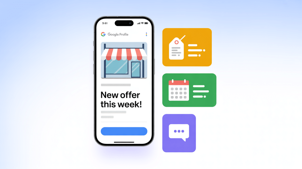 A smartphone displays a storefront image and the text New offer this week! Next to it are three colored icons—a price tag, a calendar, and a chat bubble—all on a light blue gradient background, highlighting Google Business Profile Management.