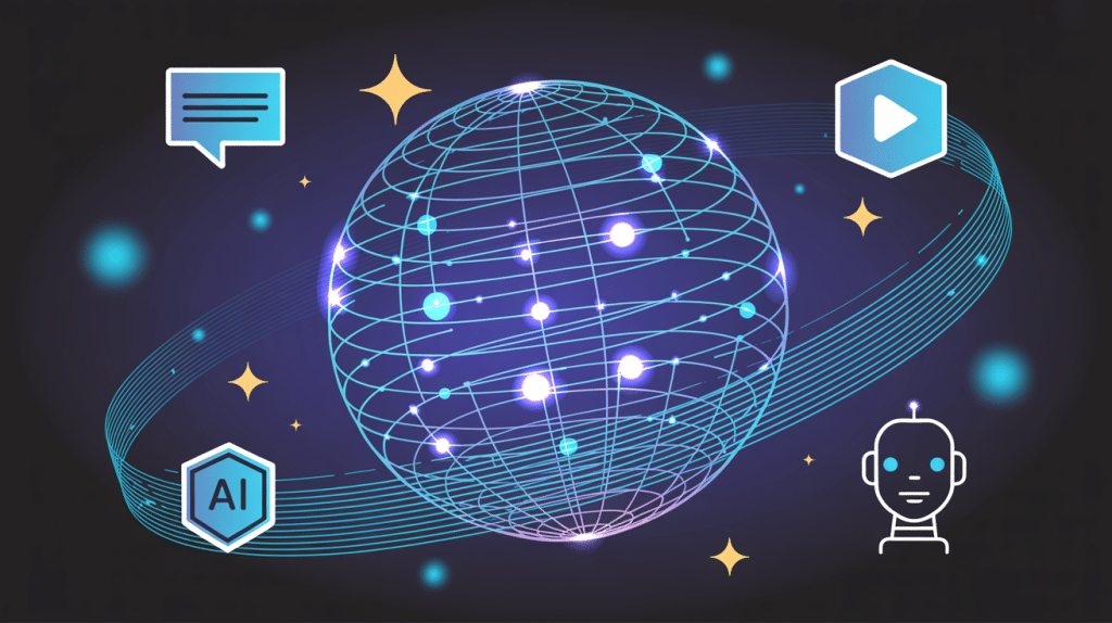 A glowing digital globe with connecting lines and dots is surrounded by AI-related icons, highlighting concepts like Online Reputation Management, including a robot, speech bubble, play button, and AI badge on a dark background with blue and yellow accents.