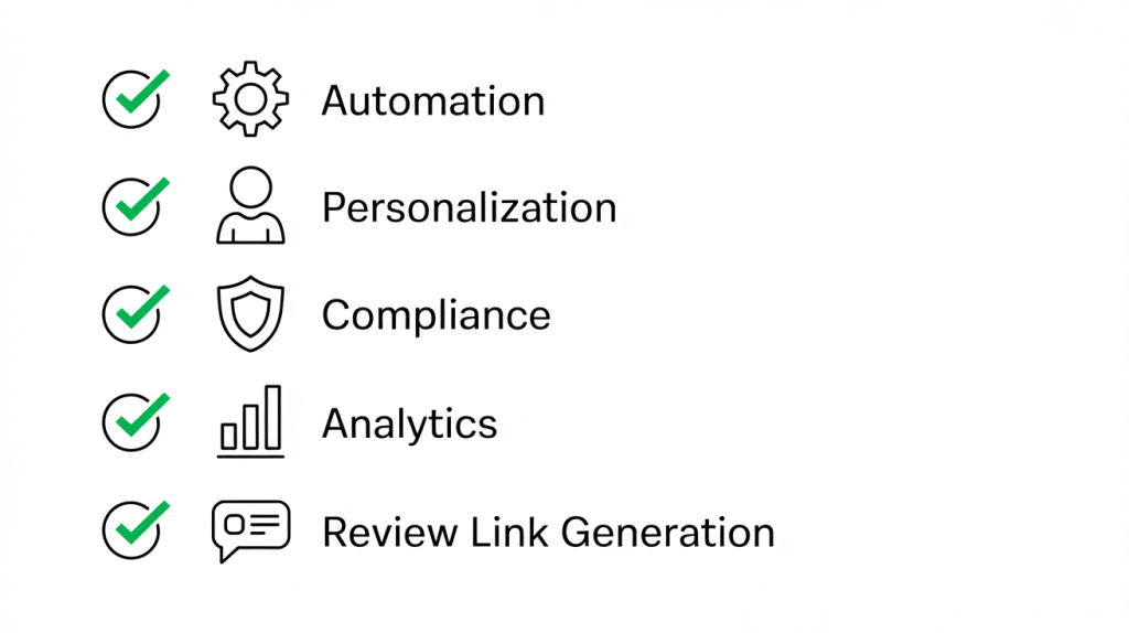 Five icons with text: a gear for automated Google review requests, a person for Personalization, a shield for Compliance, a bar graph for Analytics, and a speech bubble for Review Link Generation. Two have check marks: Automation and Analytics.