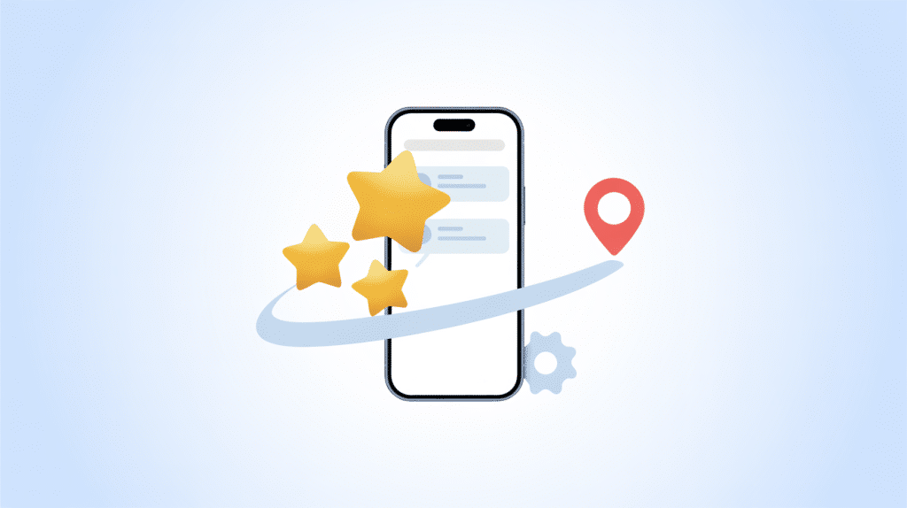 A smartphone with chat bubbles on its screen is surrounded by three yellow stars, a red location pin, a blue gear, and a blue swoosh, symbolizing automated Google review requests on a light blue gradient background.