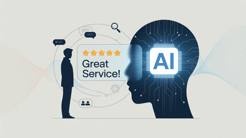 A person stands in front of a digital illustration showing a human head with a glowing AI chip, five stars, and the text Great Service!—highlighting artificial intelligence and Online Reputation Management for excellent customer service.
