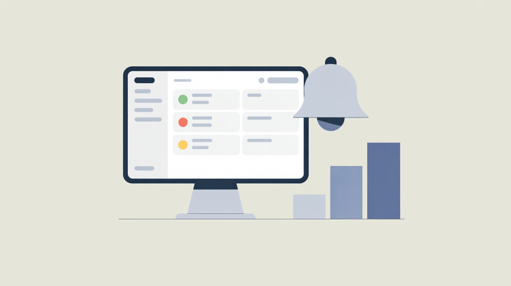 A computer monitor displays a dashboard with status indicators, highlighting agency tools for Google reviews. To the right, there's a large notification bell icon and a bar chart with three ascending bars, all on a light background.
