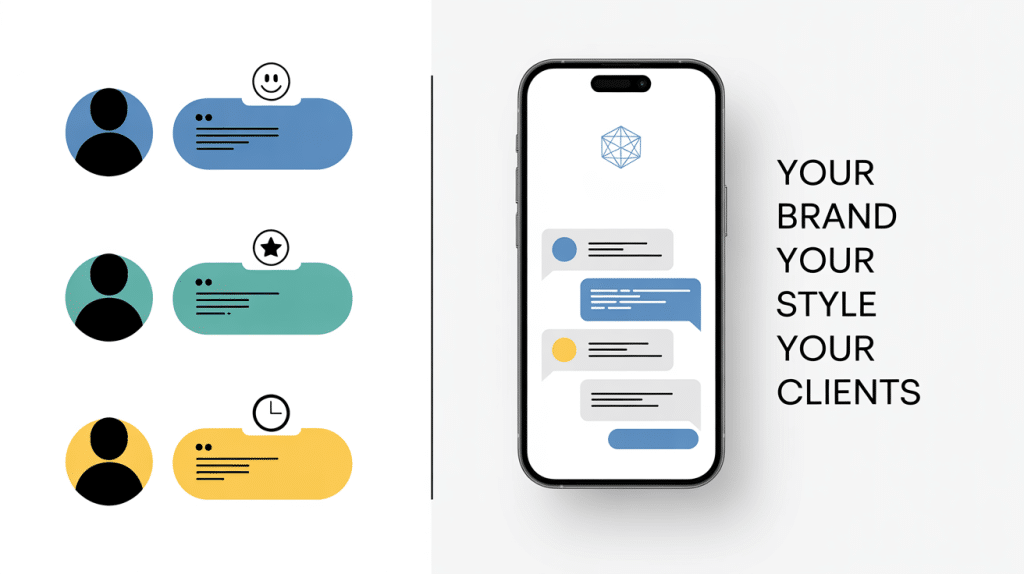 Illustration showing three user profiles with chat bubbles on the left, a smartphone displaying chat messages in the center, and the text YOUR BRAND YOUR STYLE YOUR CLIENTS on the right—perfect for showcasing White-Label SMS Tools.