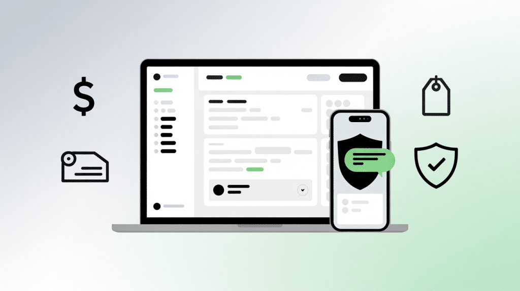 A laptop and smartphone display a messaging interface with secure icons, surrounded by price tags, a dollar sign, and a shield—highlighting secure messaging, financial elements, and the benefits of White-Label SMS Tools.