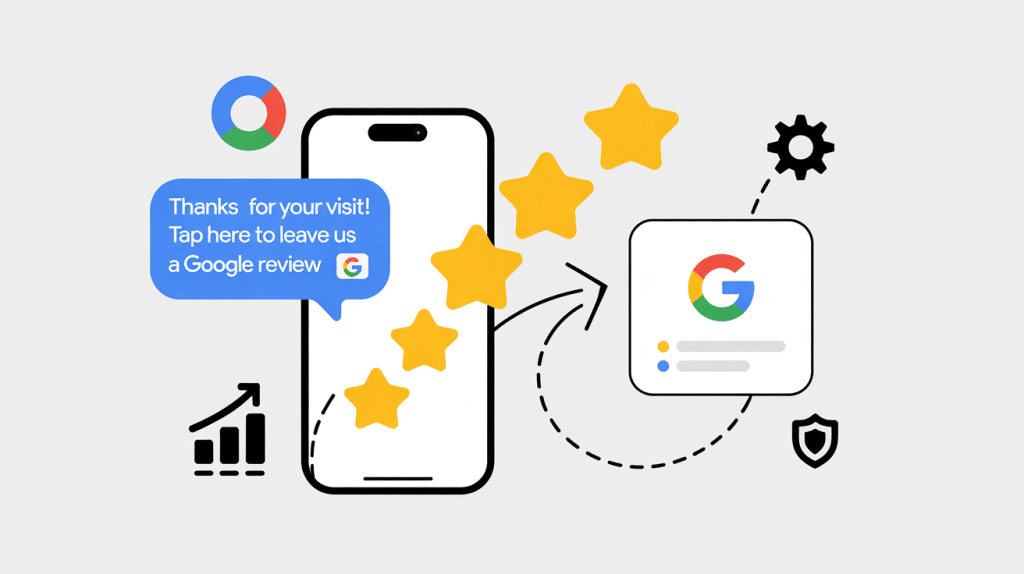 Illustration of a smartphone displaying an automated Google review request, with five yellow stars, the Google logo, and icons representing growth, settings, and security.