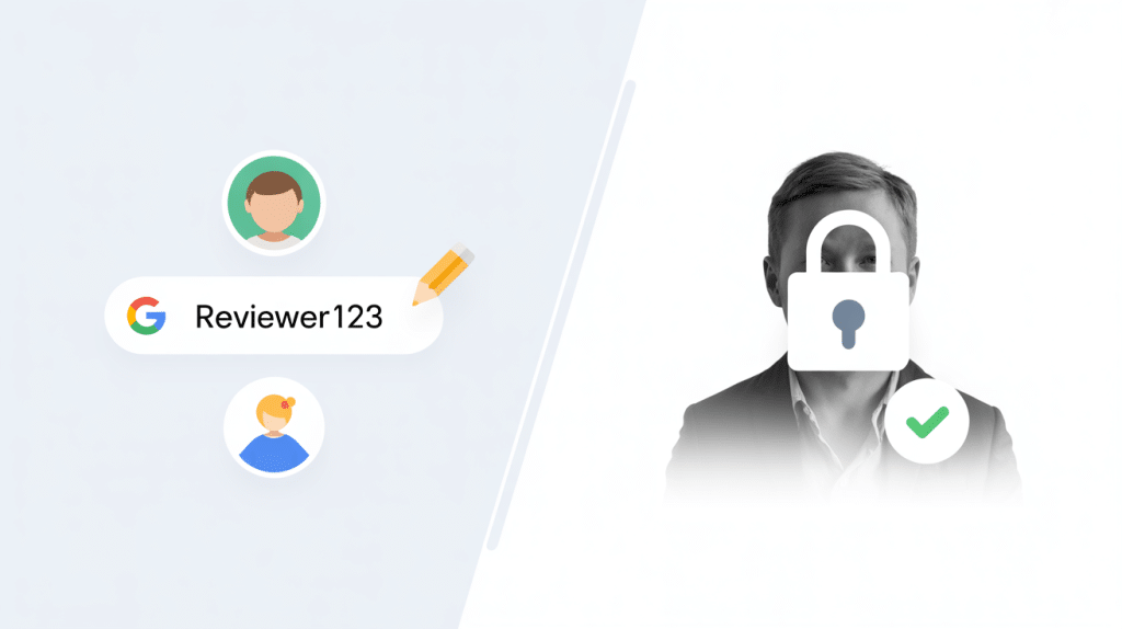 A split image: on the left, Google profile icons and the username Reviewer123 with a pencil icon; on the right, a person’s face is obscured by a padlock and a green check mark, symbolizing Anonymous Google Reviews.
