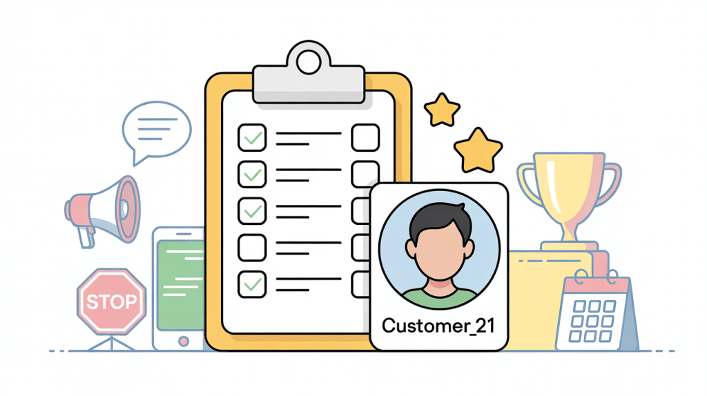 An illustrated clipboard with checkmarks, a user profile labeled Customer_21 hinting at Anonymous Google Reviews, two stars, a trophy, and various icons like a megaphone, stop sign, and calendar in the background.