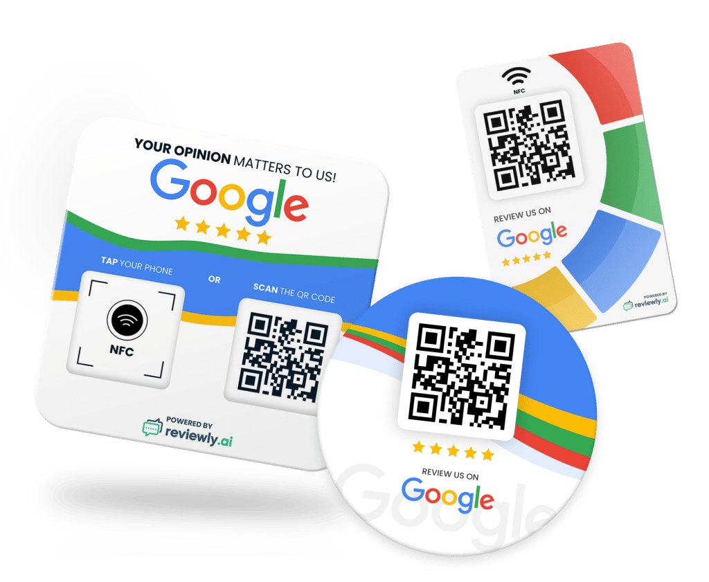 Three Google review cards with QR codes and NFC logos, featuring Googles colors and the text Your opinion matters to us! Review us on Google. Designed for easy access via tap or scan.