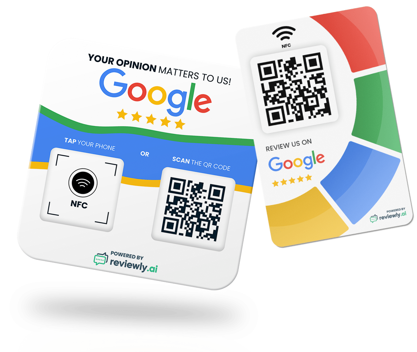 Two cards with Google branding and review stars. Each card displays a QR code and an NFC icon for users to tap or scan their phones to leave a Google review. Powered by reviewly.ai.