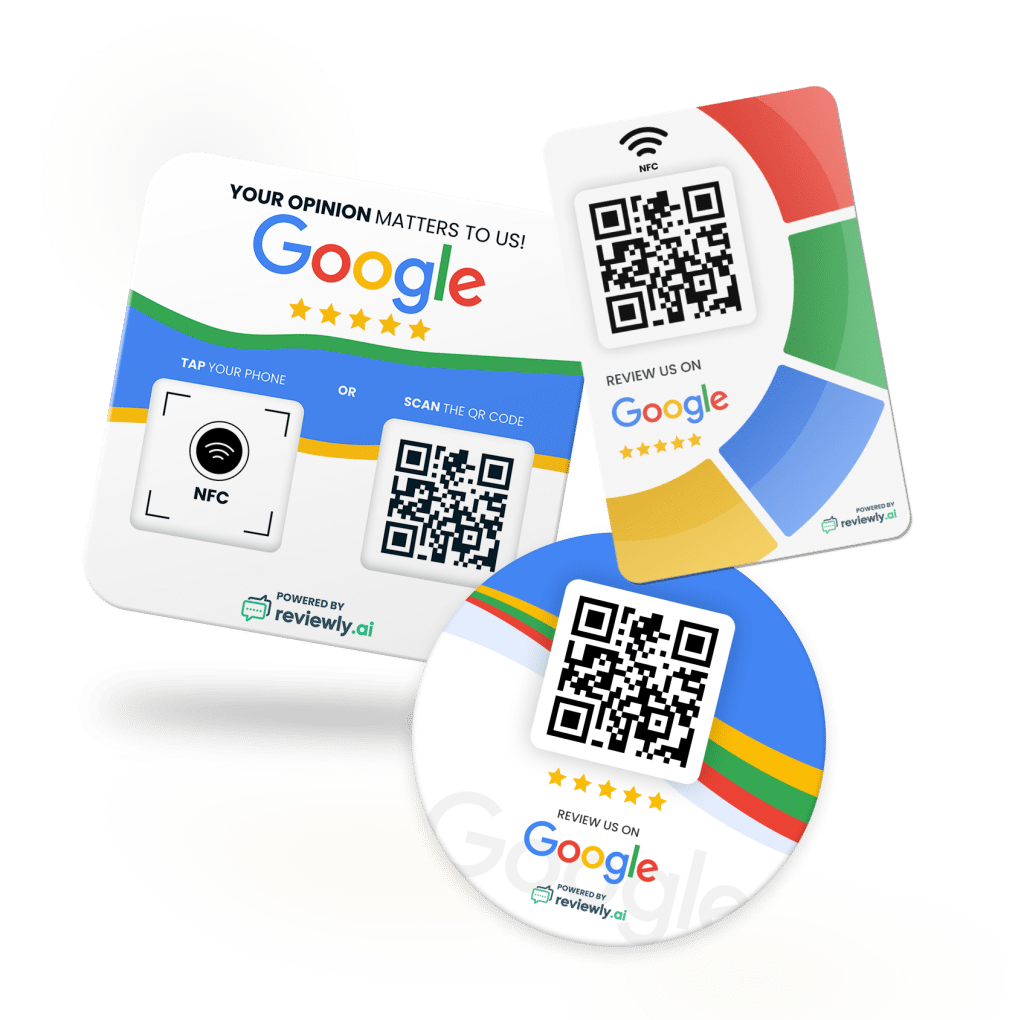 Three colorful cards with Google branding encourage users to leave a review by tapping their phone for NFC or scanning a QR code. Each card displays a QR code and Review us on Google text.