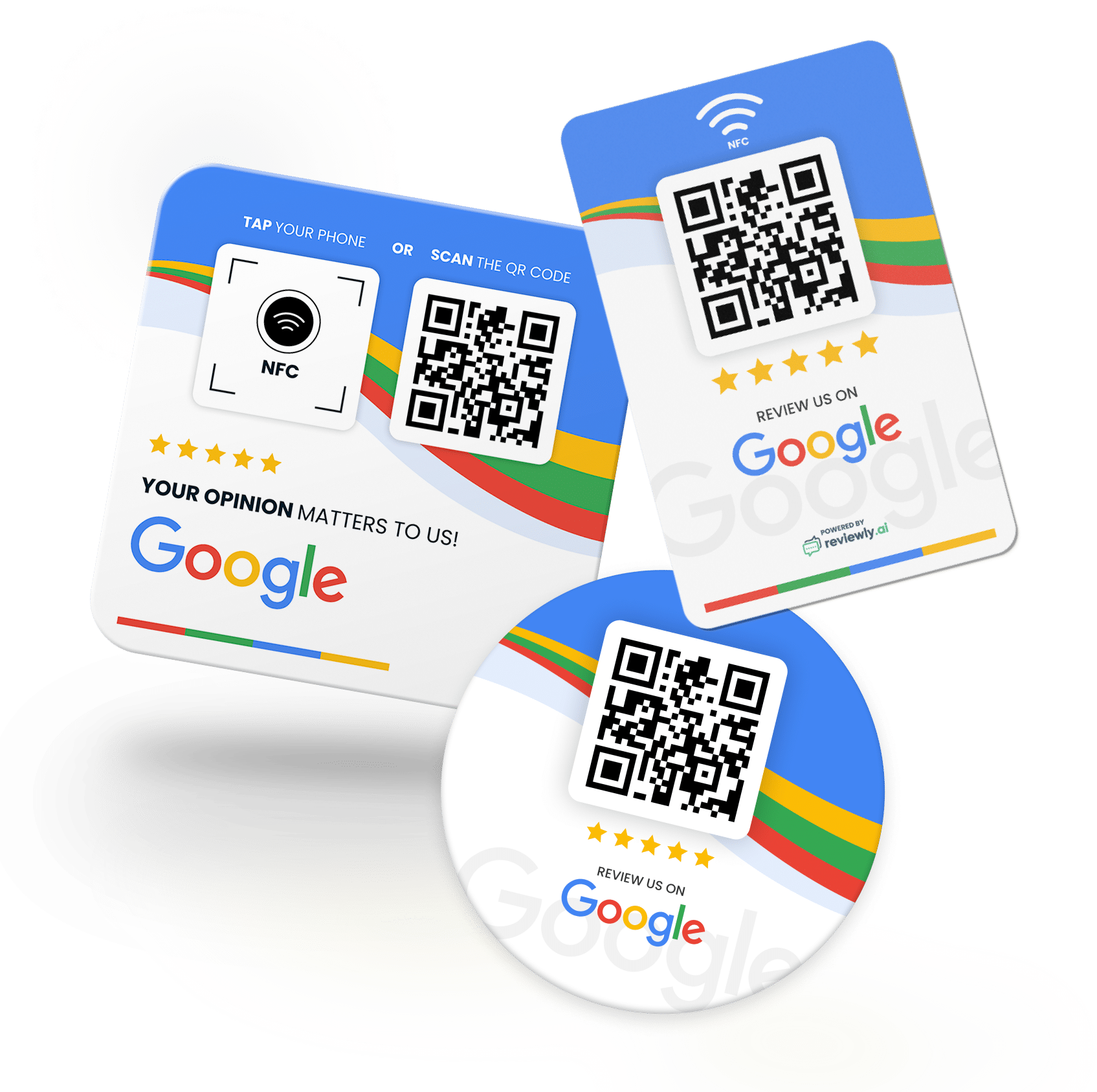 Three review cards with Google branding, QR codes, and NFC symbols, prompting users to scan or tap to leave a review. All cards have a five-star rating graphic and colorful accents.