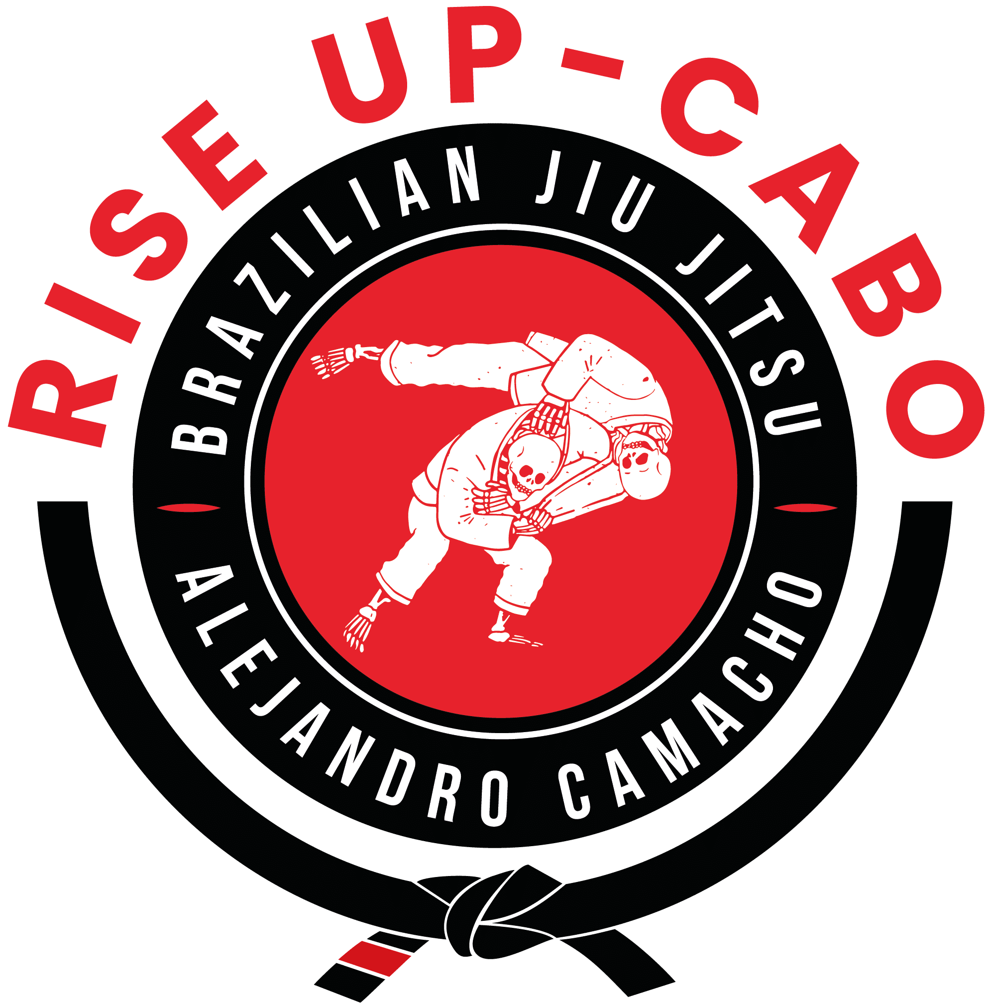 Logo for Rise Up Cabo Brazilian Jiu Jitsu Alejandro Camacho featuring two figures in a jiu jitsu throw, surrounded by circular text and a black belt with red stripes at the bottom.