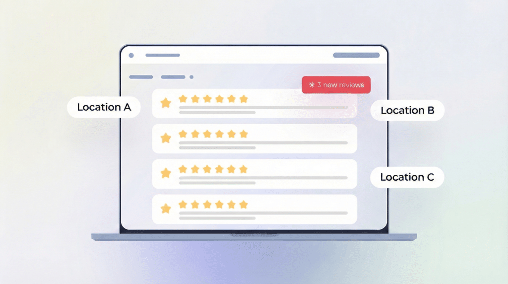 A laptop screen displays a review list with star ratings. Three locations, labeled A, B, and C, are highlighted. A notification for 3 new reviews appears at the top right, suggesting how to automate Google reviews for multiple sites.
