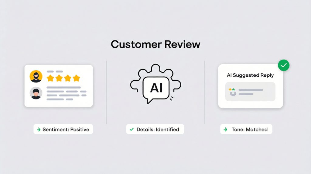 An infographic titled AI for Google Review spotlights a positive AI Google Review, AI processing details, and a suggested reply. Icons indicate positive sentiment, identified details, and matched tone with checkmarks.
