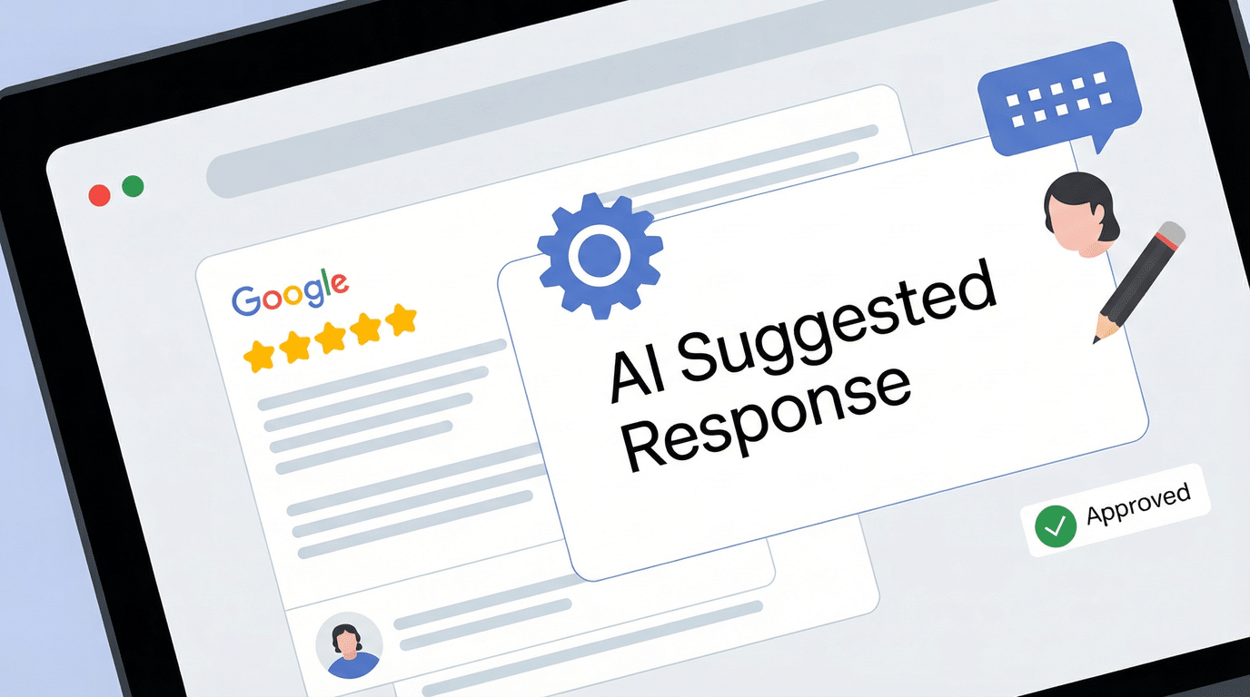 A digital illustration showing a Google search results page with five stars, a gear icon, and a pop-up labeled AI Suggested Response highlights AI Google Review Responses. There’s a person icon with a speech bubble and a green Approved checkmark.