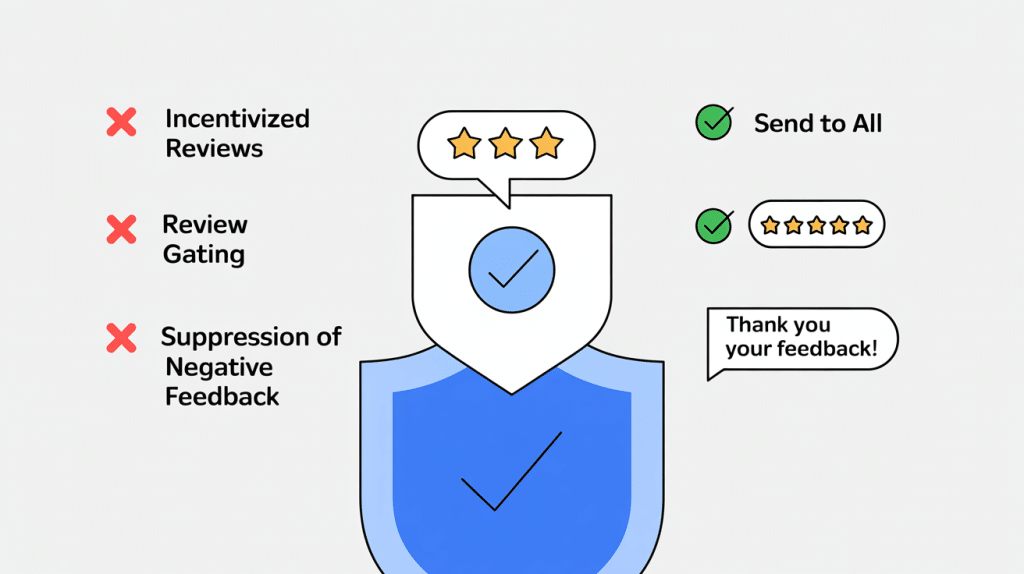 An illustration of a shield with checkmarks and speech bubbles. On the left, red Xs label bad review practices: incentivized reviews, review gating, suppression of negative feedback. On the right, green checks show approved practices to automate Google Reviews.