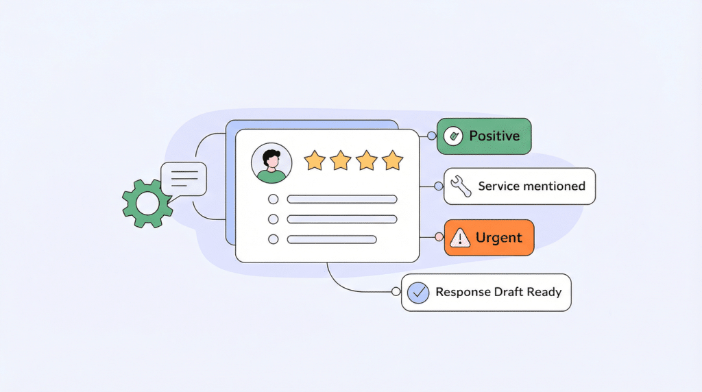 Illustration of a customer review dashboard powered by AI Review Management, showing a profile with five stars, labeled with tags: Positive, Service mentioned, Urgent, and Response Draft Ready, connected by lines. A gear icon and chat bubble appear on the left.