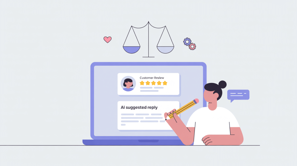 Illustration of a person holding a pencil, sitting in front of a laptop displaying a customer review and an AI-suggested reply, highlighting AI Review Management. Above are scales, a heart, and gears—symbolizing balance, care, and technology.