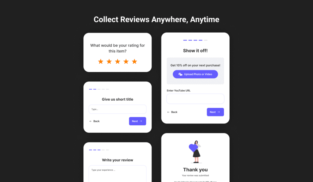 A review collection form powered by WiserNotify with sections for star rating, short title, photo or video upload, YouTube link, written review, and a thank you message. Features a dark background with white cards and purple buttons throughout.