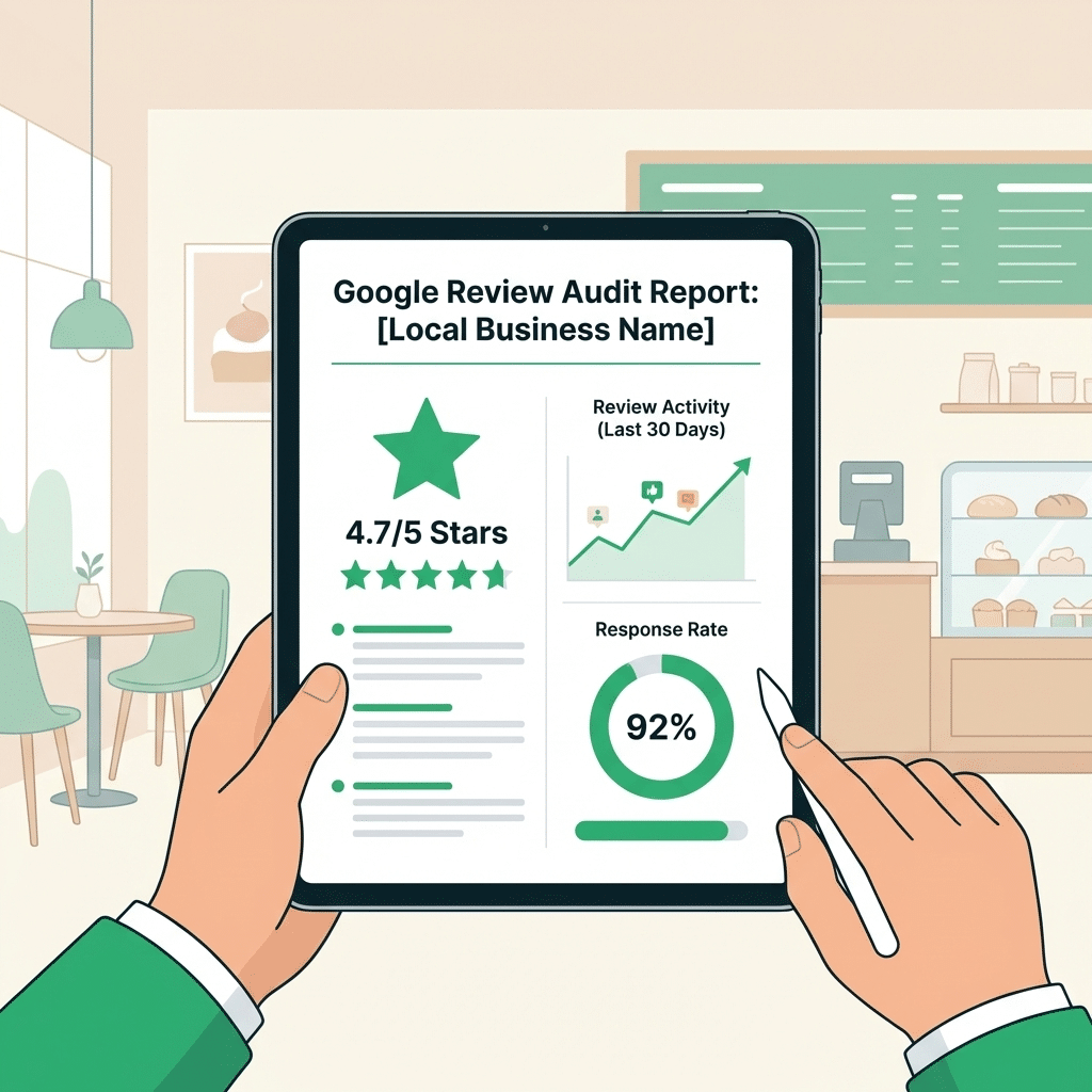 Cartoon person holding a tablet displaying a Google Review Audit Report with 4.7/5 stars, review activity graph, 92% response rate—a perfect setting for learning how to start a review management agency—in a cozy coffee shop background.