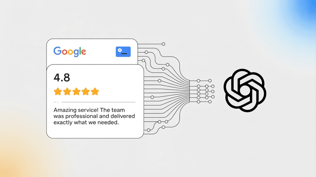 Illustration of a Google review with a 4.8-star rating and positive feedback, connected by lines to the OpenAI logo, symbolizing AI analyzing reviews and offering insights on how to rank in ChatGPT.