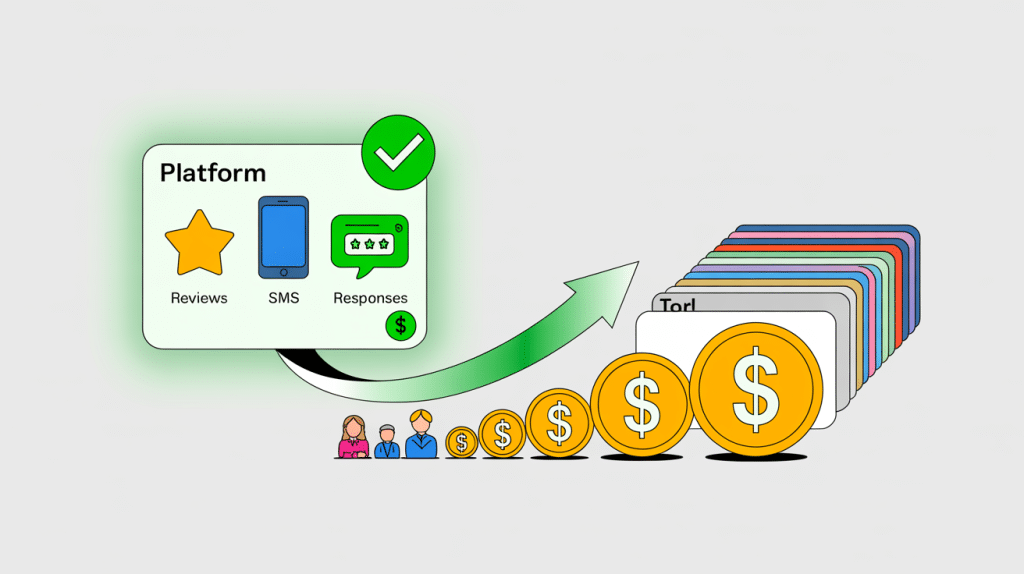 An illustration showing a highlighted platform with White Label Review Software, featuring reviews, SMS, and responses icons, leading via an arrow to stacks of coins, documents, and small figures—symbolizing increased earnings and growth.