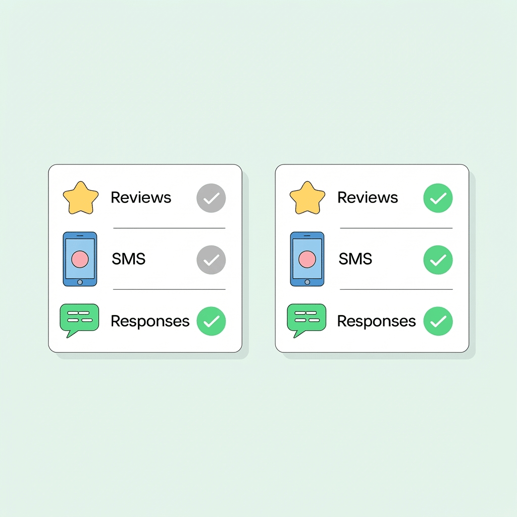 Two comparison cards side by side highlight key features. For those seeking Yext Alternatives, the left card shows grey check marks for Reviews, SMS, and Responses; the right card—on a light green background—displays green check marks with icons for each category.