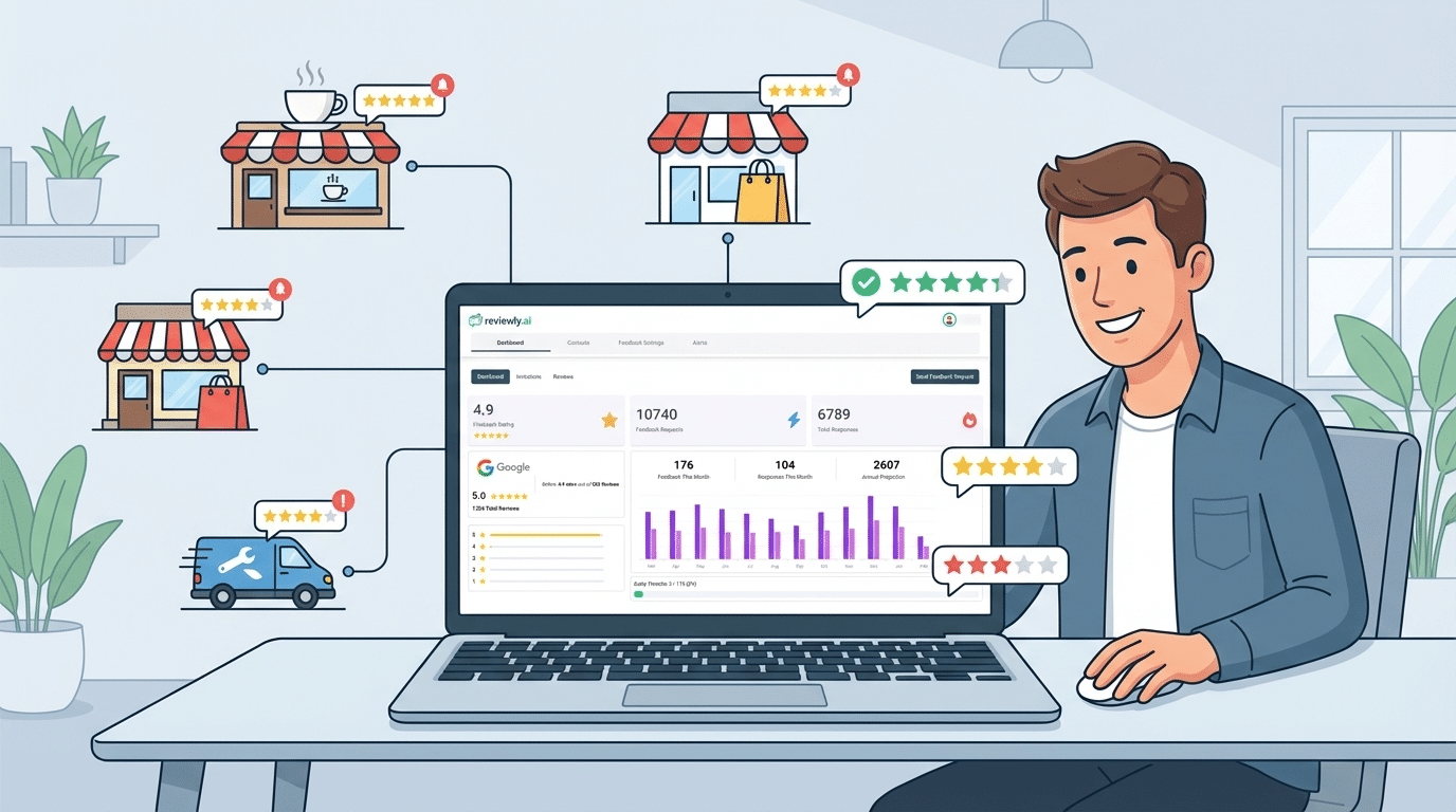 A man sits at a desk with a laptop displaying business analytics and online reviews—an ideal scene for those exploring how to start a review management agency, as icons connect shops, delivery, and shopping bags with star ratings to reputation management.