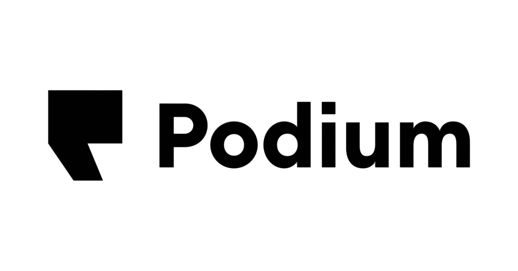 The image features the Podium logo, with a bold black geometric speech bubble icon to the left of the word Podium in thick black lettering on a light grey background, evoking the professionalism of White Label Review Software.