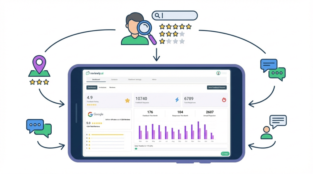 Illustration of a tablet displaying a dashboard with reviews and ratings; icons around it highlight key aspects of How to Start a Review Management Agency, including online feedback and reputation management tools.