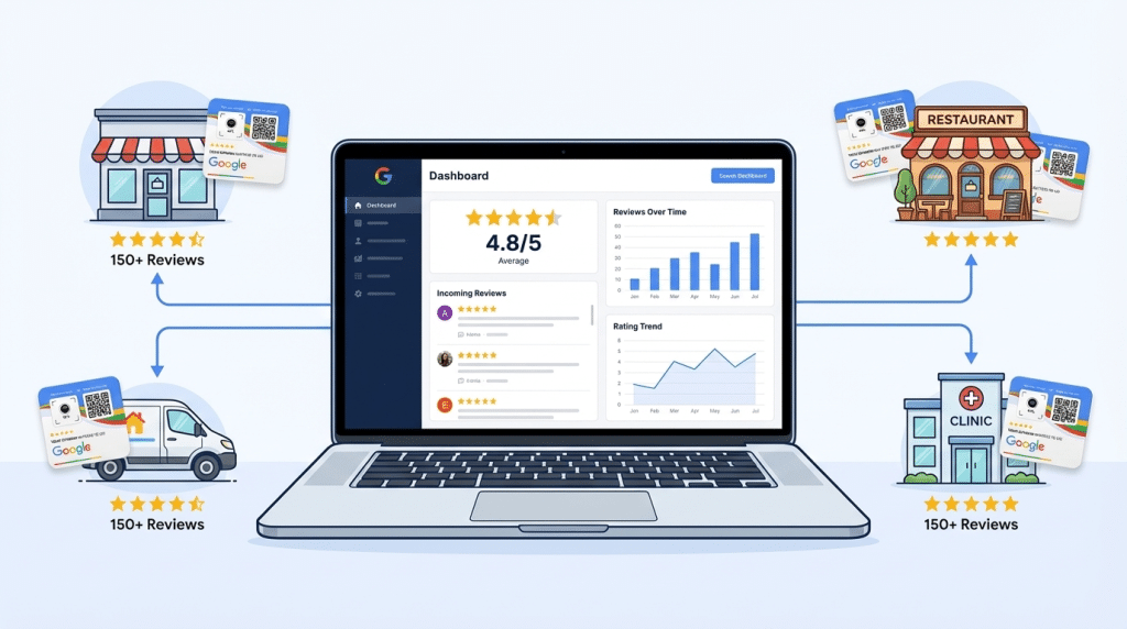 An illustration of a laptop showing a reviews dashboard, connected by arrows to icons of a store, restaurant, and clinic—each with over 150 Google reviews and five-star ratings. Perfect for showcasing how to start a review management agency.
