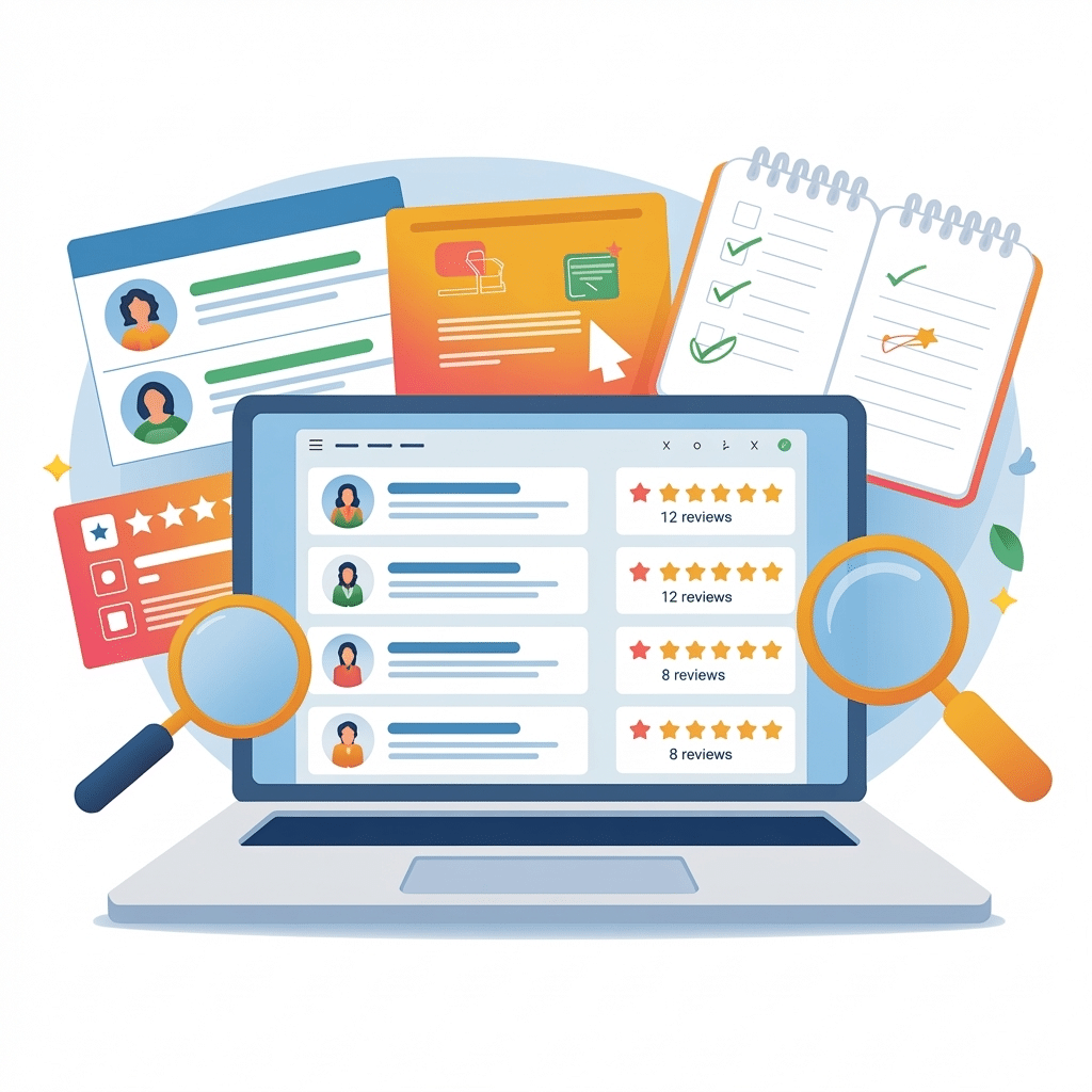 A laptop displays a list of user profiles with star ratings and reviews. Surrounding it are documents, profile cards, checklists, and magnifying glasses—perfect imagery for those exploring how to start a review management agency or recruitment service.