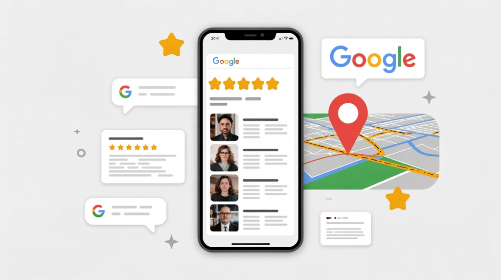 A smartphone displays Google business reviews with star ratings and profile photos, highlighting Google reputation management. Surrounding speech bubbles, a map pin, and the Google logo represent online reviews and local search.