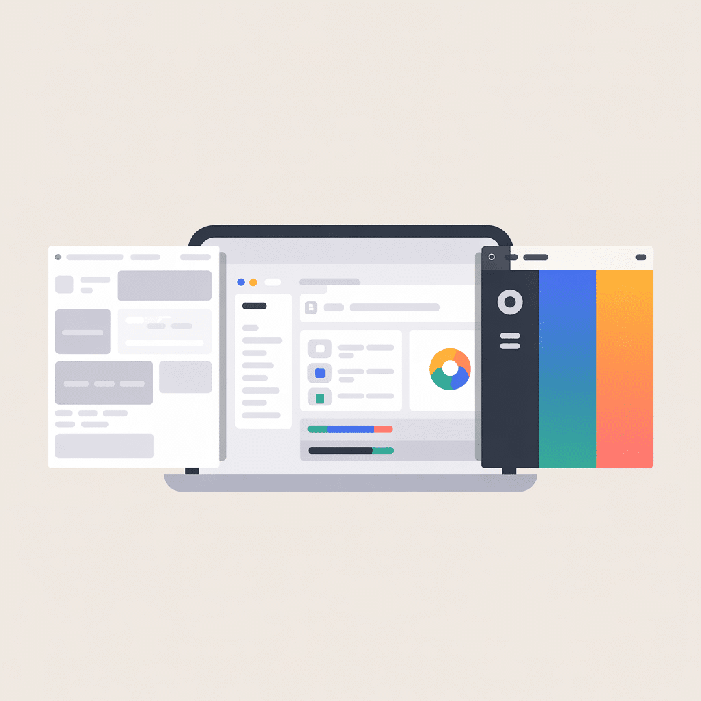 Illustration of a laptop with three overlapping windows on the screen, showing a website layout, a dashboard with a chart, and a colorful palette—perfectly capturing web design or development tools like White Label Review Software.