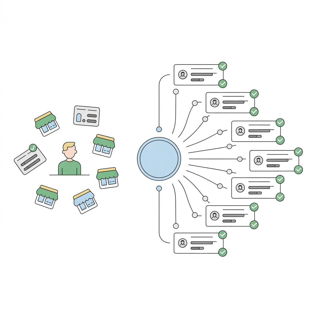 A person surrounded by icons of storefronts and documents on the left; on the right, a central circle connects to multiple profile cards, each with a checkmark, showcasing data integration or profile verification using White Label Review Software.