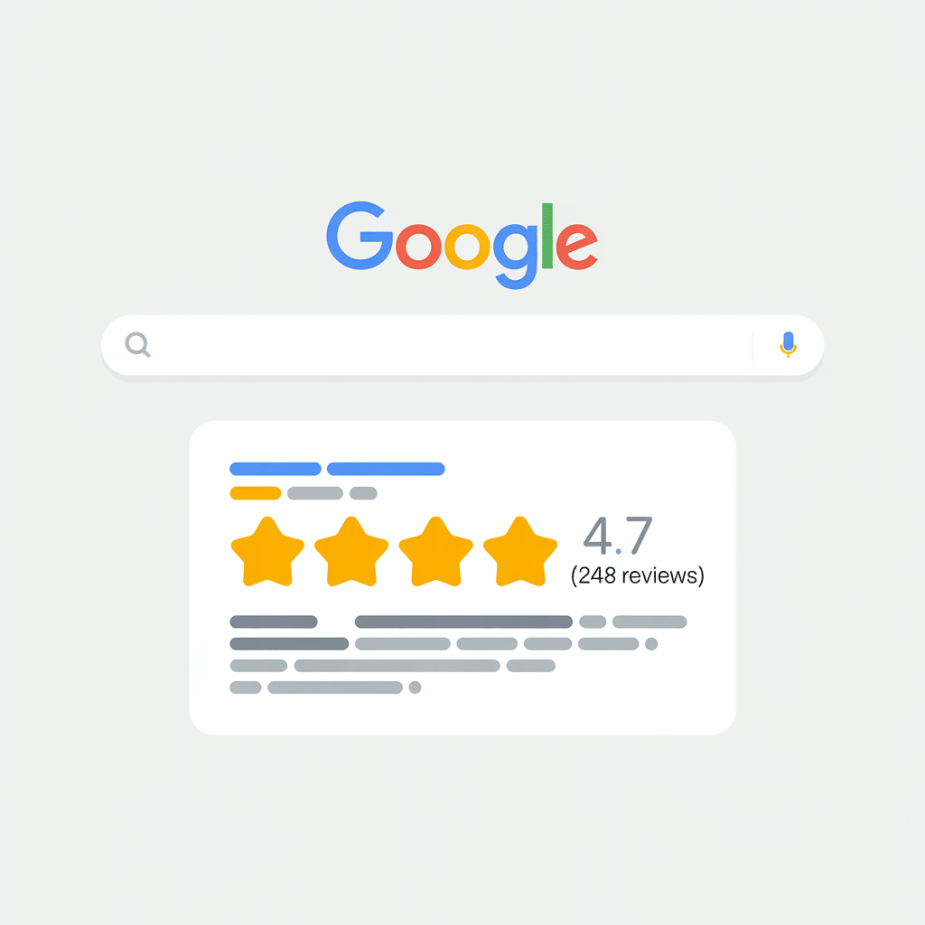 Illustration of a Google search with a rating card showing four and a half yellow stars, a 4.7 rating, and 248 reviews, plus placeholder text lines—perfect for visualizing "How to Rank in ChatGPT" strategies and user feedback.
