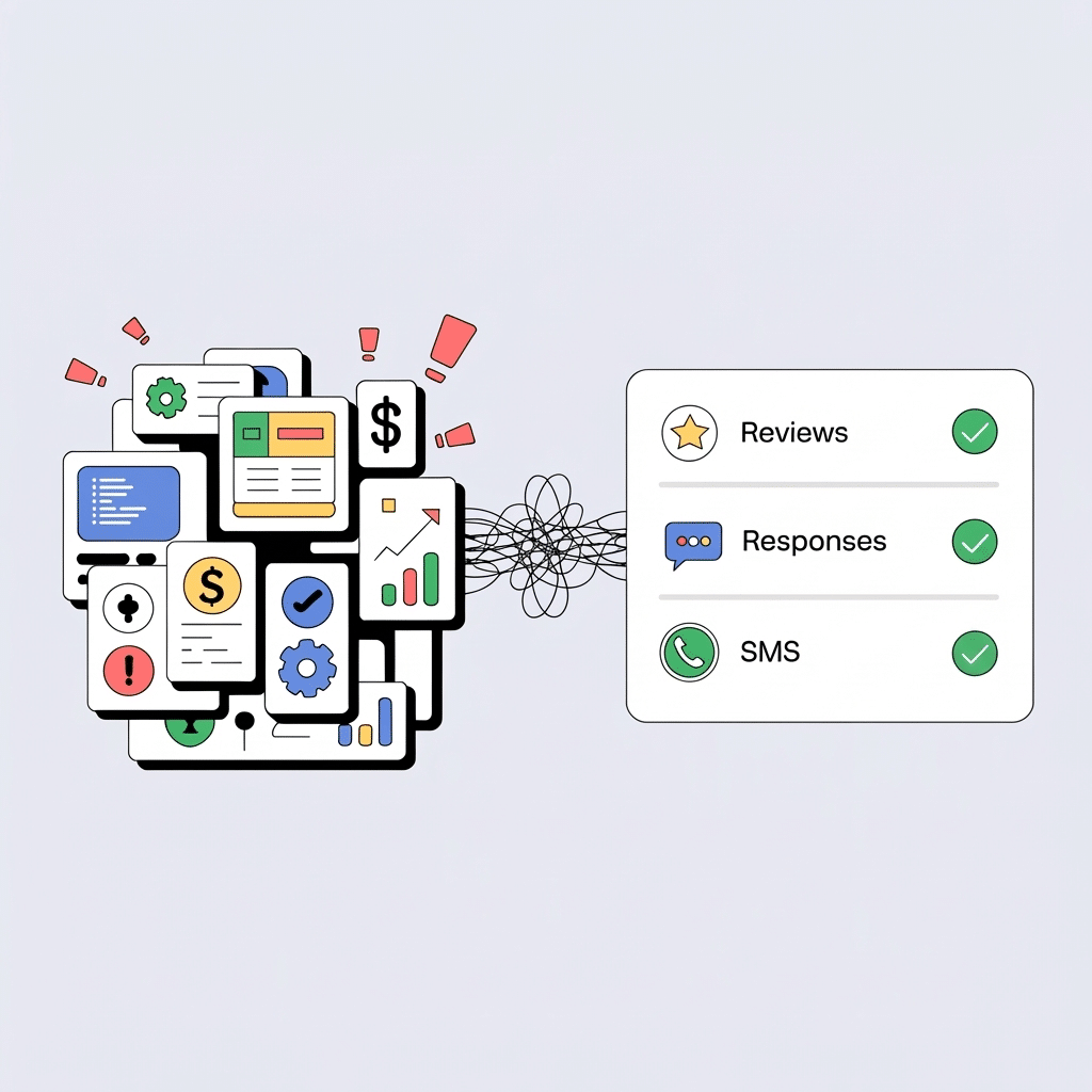 Illustration of chaotic business icons on the left transforming into an organized checklist on the right with green check marks for Reviews, Responses, and SMS—highlighting features offered by top Yext Alternatives.