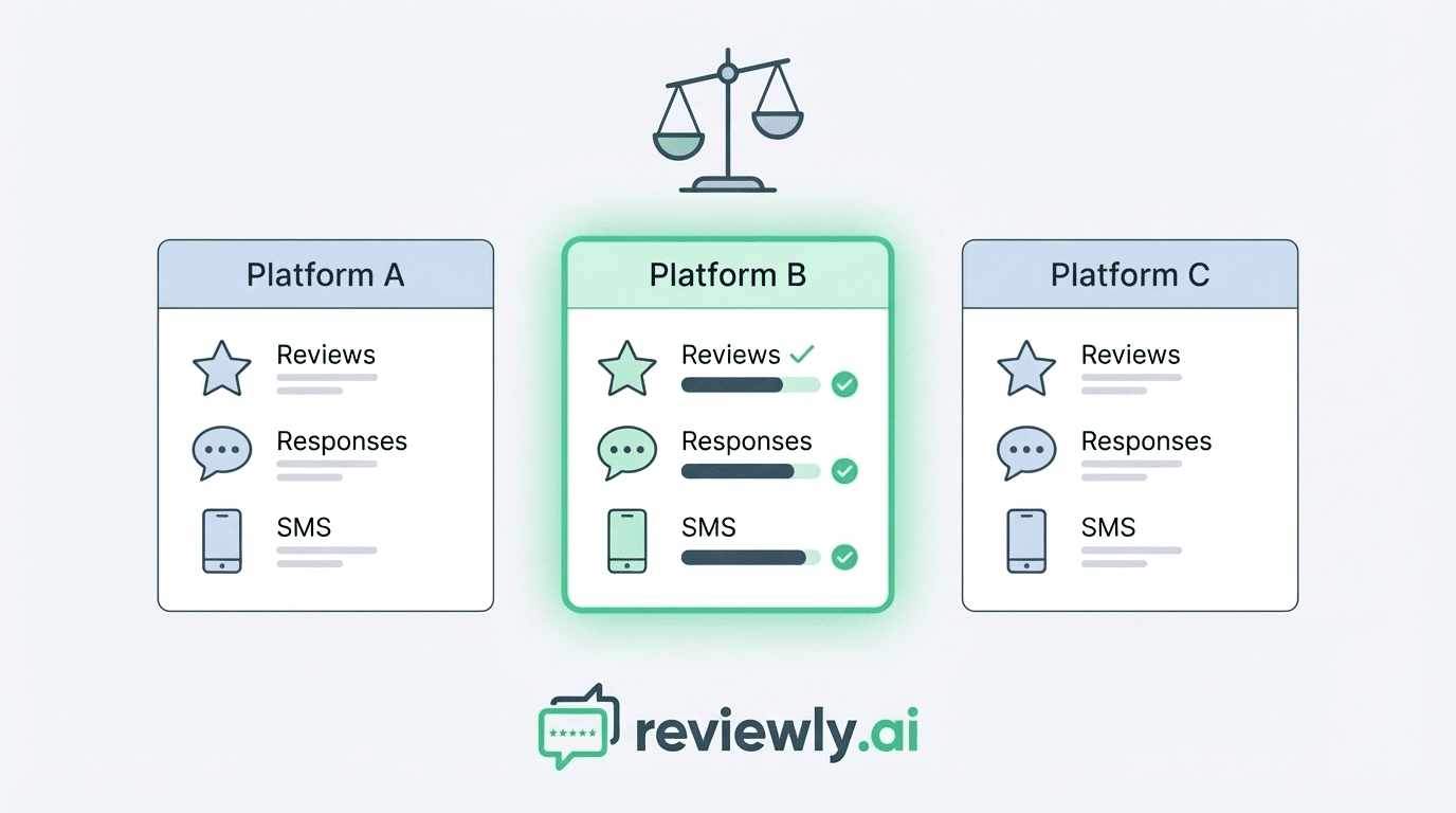 A comparison chart showcases three platforms, highlighting Platform B as a top Yext Alternative with checks for Reviews, Responses, and SMS. Platforms A and C lack these features. The reviewly.ai logo appears at the bottom.