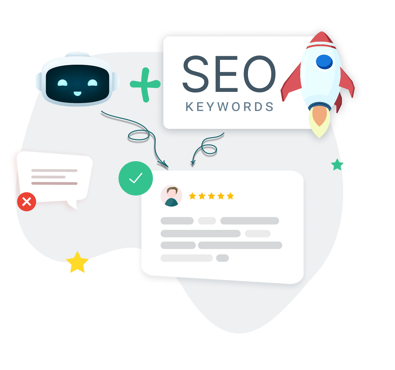Illustration of a smiling robot, SEO Keywords text with a rocket, chat bubbles, stars, and a review with a profile, five stars, and a checkmark, suggesting AI-powered SEO and improved online reviews.