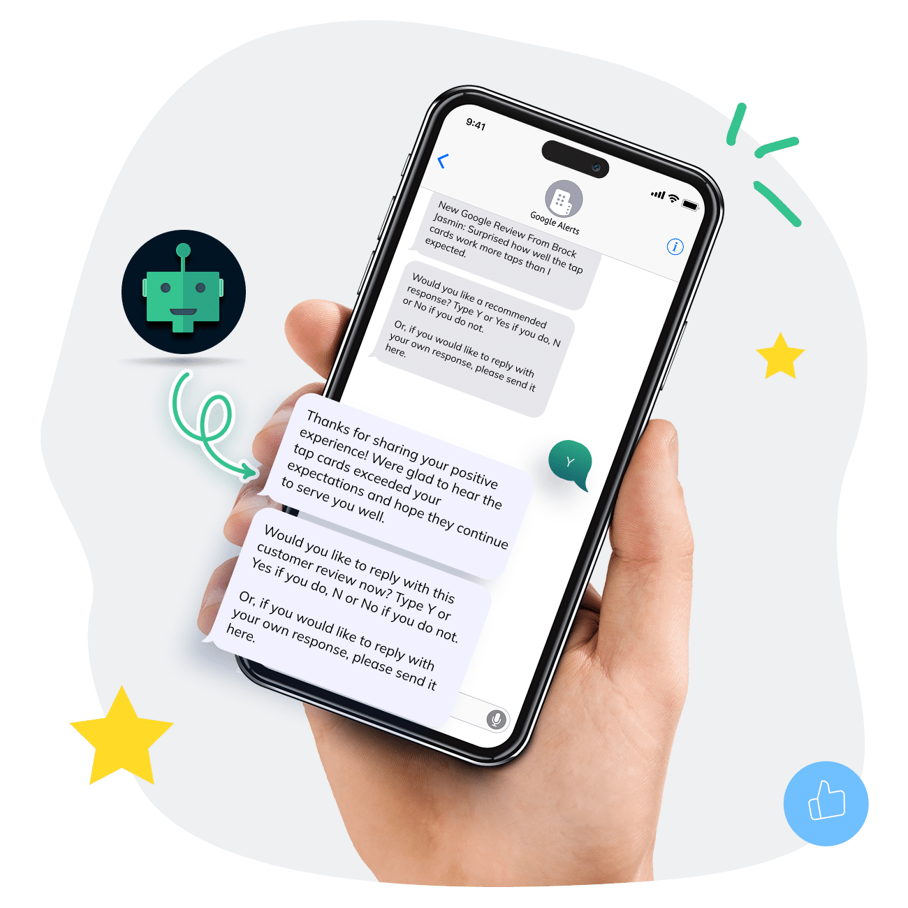 A hand holds a smartphone displaying a chat with a chatbot about a positive Google review. Illustrated icons of a robot, thumbs up, and stars appear in the background.